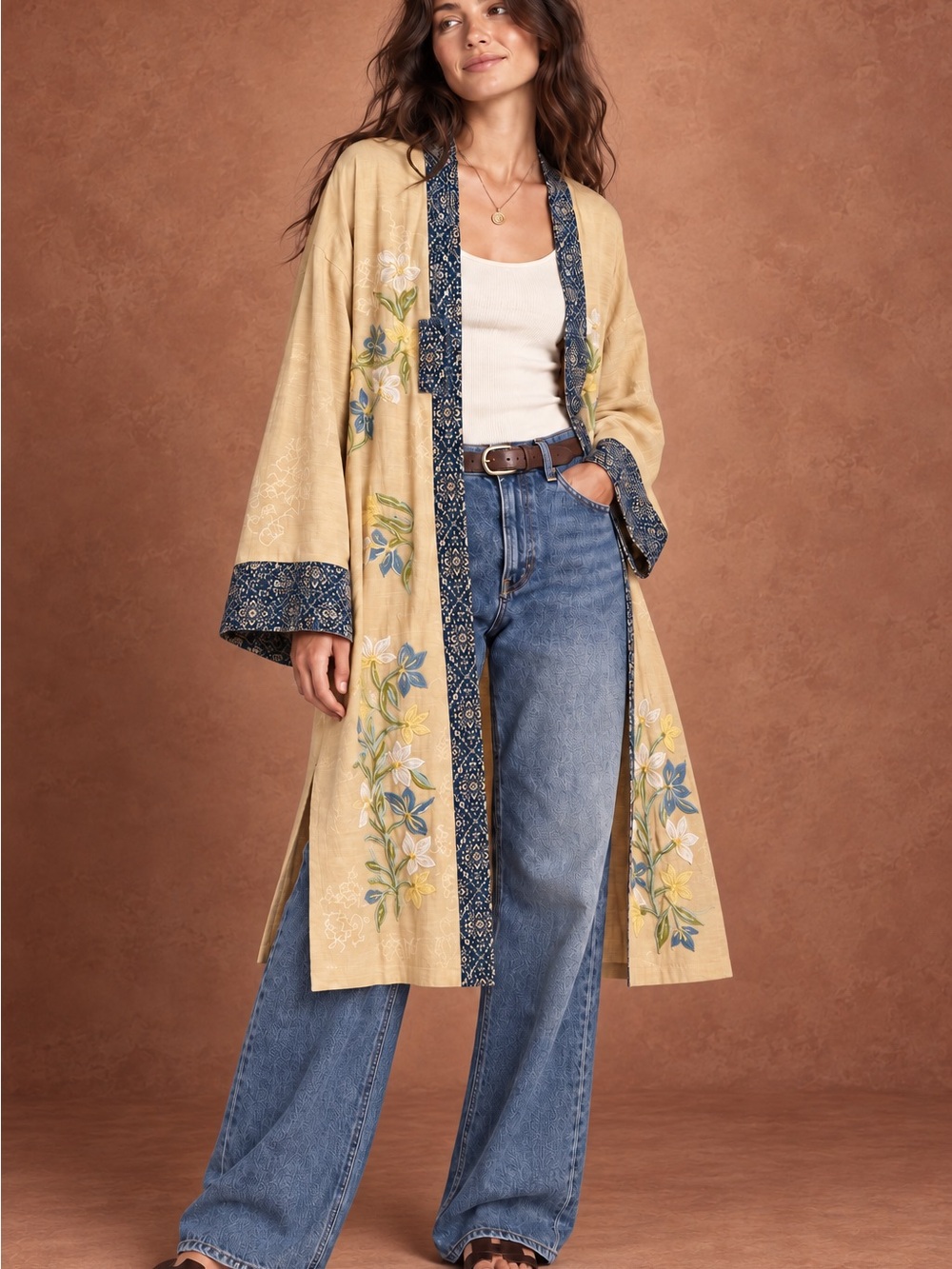 Free People Embroidered Floral Duster Kimono NWT Oversized XS/S